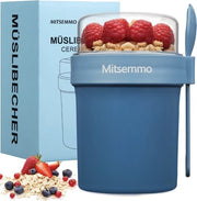 Cuppa Cereal To Go con Cucchiaio – 560 ml + 230 ml Bicchiere di Yogurto – Bicchiere per Colazione con Compartimento per Topping – Blu