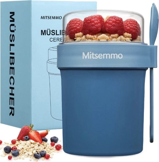 Cuppa Cereal To Go con Cucchiaio – 560 ml + 230 ml Bicchiere di Yogurto – Bicchiere per Colazione con Compartimento per Topping – Blu