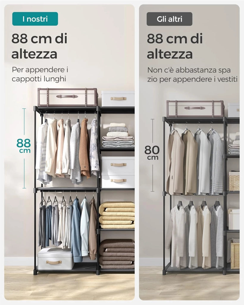 SONGMICS Armadio, Guardaroba Autoportante, con Barre Appendiabiti, Portabiti Ripiani in Tessuto, Struttura in Metallo, 182 x 43 x 182 cm, Nero Inchiostro RYG037B02