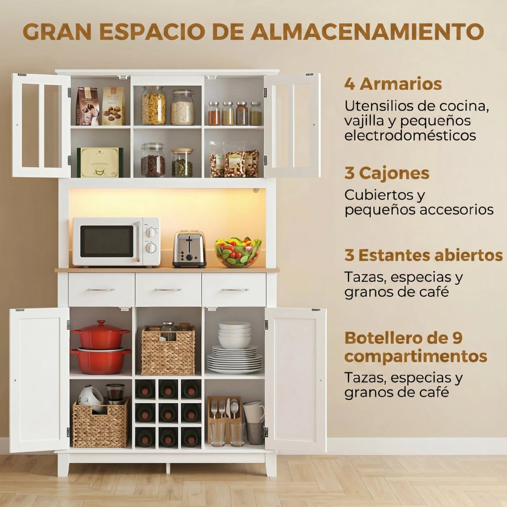 Armadio da Cucina con Porte Vetro e Illuminazione LED ¨C Zephmum ¨C Bianco