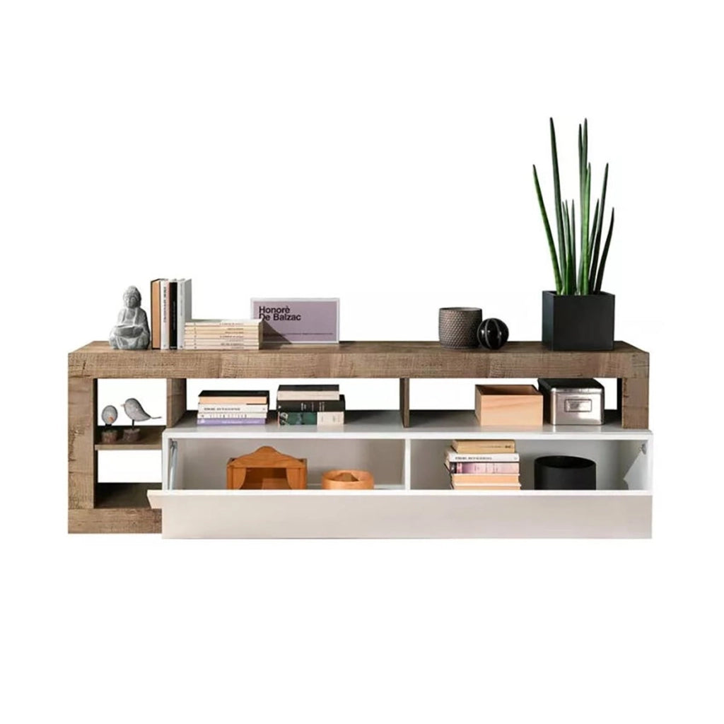 Mobile porta TV 0, Credenza moderna a ripiani, Mobile da soggiorno con rimbalta e vani a giorno, Made in Italy, Cm 184x58h42, Bianco e Pero