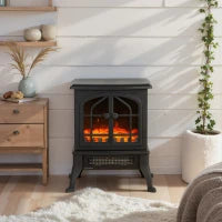 Camino elettrico con effetto fiamma 3D, 1800/900 W, termostato regolabile, 39x24x48cm, Nero