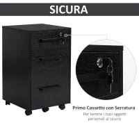 Cassettiera Portadocumenti da Ufficio Schedario con 3 Cassetti e Serratura, in Legno, Nero, 39.2 x 40 x 65.4cm