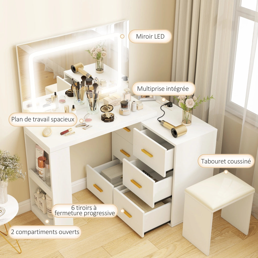 Scrivania trucco con specchio e sgabello ¨C Xylo ¨C LED regolabile, 6 cassetti, bianco, 118x78x135 cm