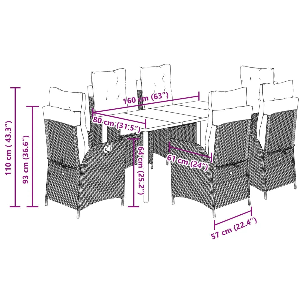 Set da Pranzo da Giardino 7 pz con Cuscini Beige in Polyrattan