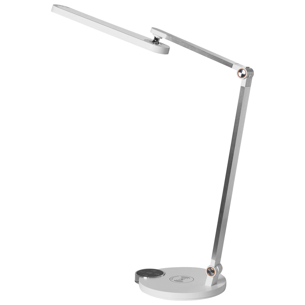 Lampada da scrivania moderna per ufficio domestico 3 modalità di temperatura Dimmer continuo Caricatore wireless Paralume regolabile Materiale sintetico Bianco