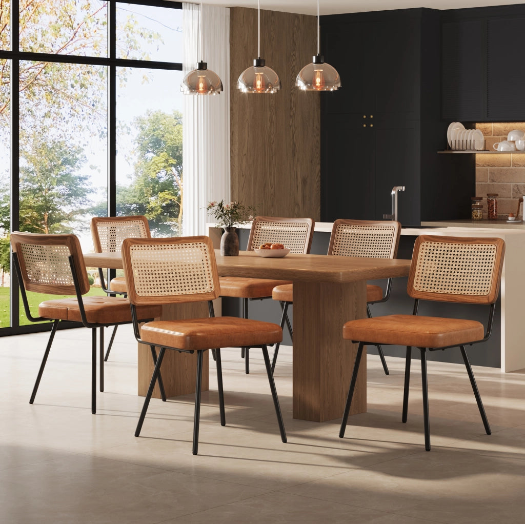 Sedia da pranzo ergonomica in PU e rattan PE marrone
