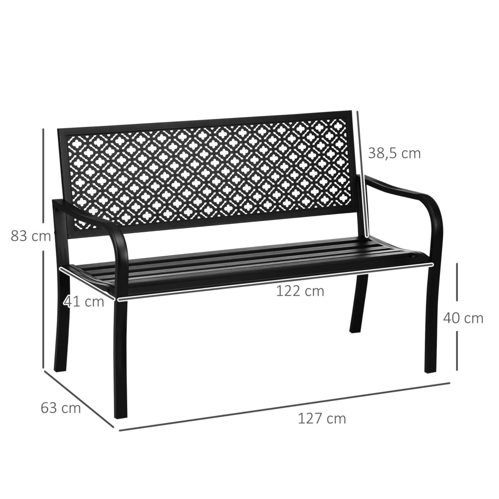 Panca da giardino 2 posti 127 x 63 x 83 cm in acciaio nero con schienale e braccioli