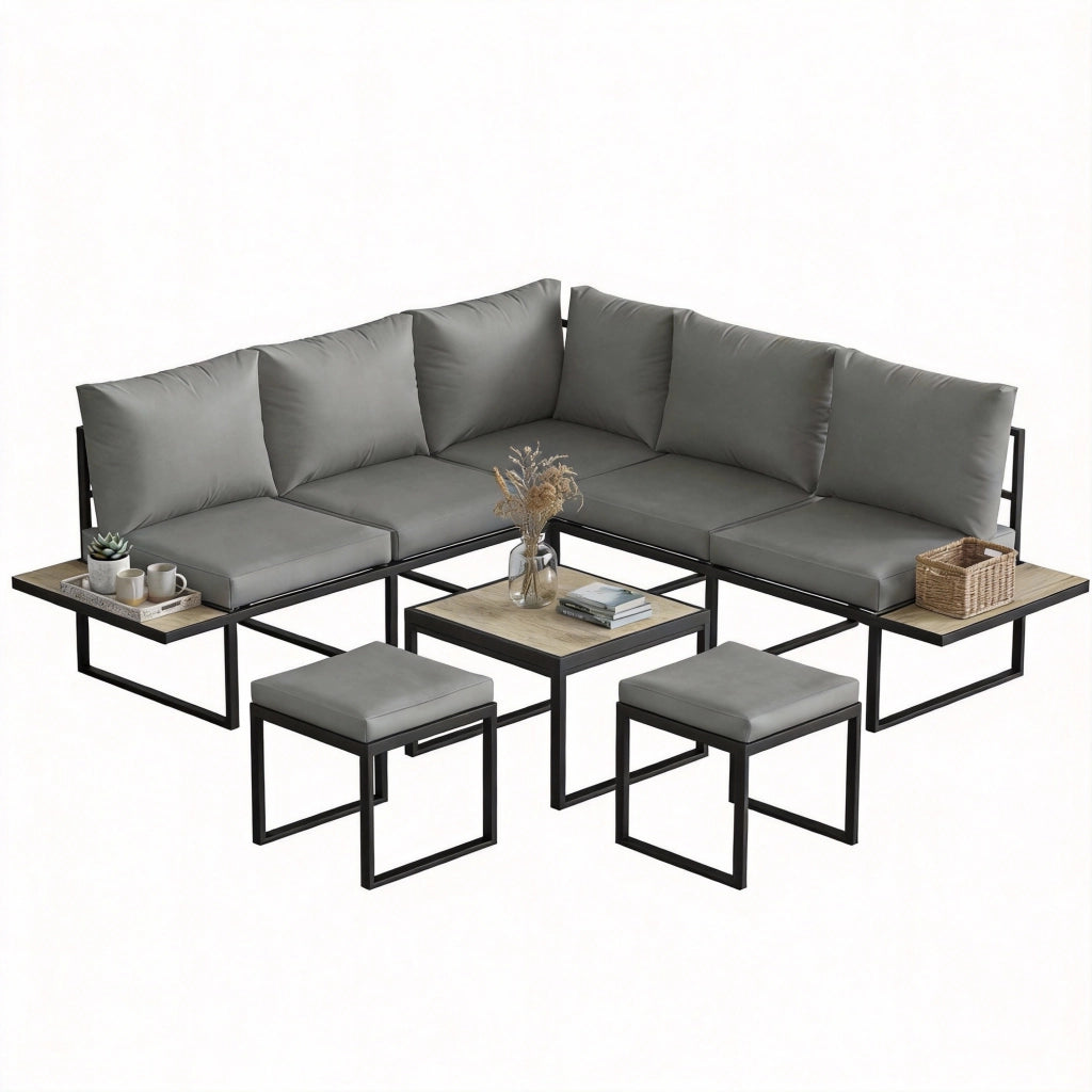 Set da giardino 6 posti con tavolo e divano modulabile ¨C zephmum ¨C cuscini grigi 10cm, legno