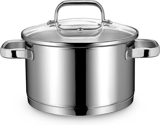 Piatto inductive da 20 cm con coperchio in vetro, pentola da 3,5 l, in acciaio inossidabile 18/10, maniglia non calda, fondo forato per tutti i fornelli, pentola inductive come pentola a vapore per spaghetti.
