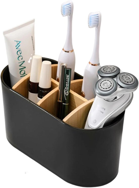 Sostegno per Spazzola da Denti in Bambù Multifunzionale in Nero - Sostegno con 6 Comparti di Ricarica per Spazzole da Denti Elettriche