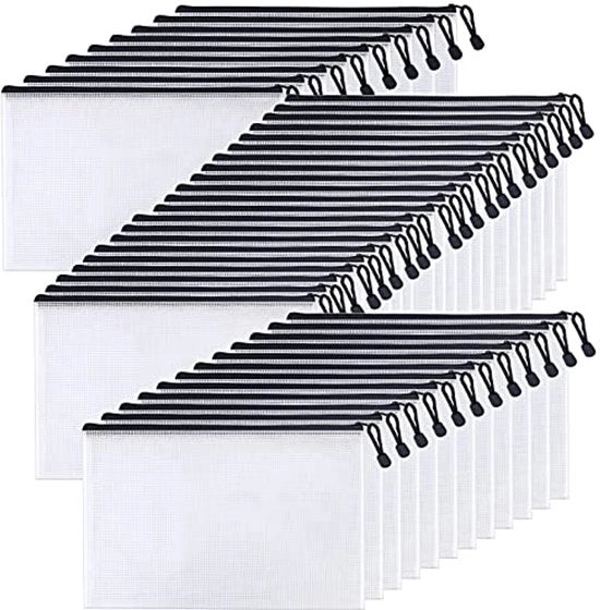 Documenti A4, 42 pezzi, borse documenti con chiusura a righello, tasche per dossier con rete per righelli, righelli A4, borse documenti impermeabili per documenti, carta, cosmetici (nero)