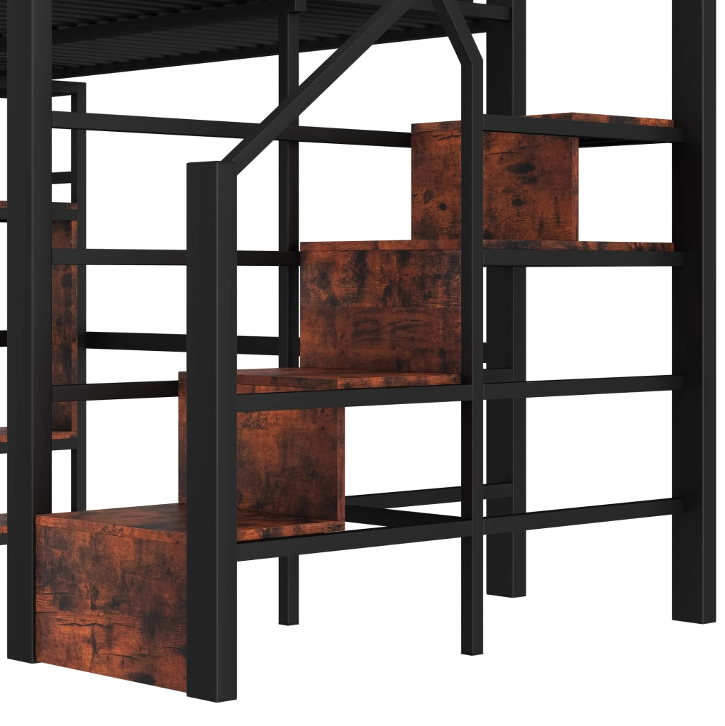 Letto a soppalco 140x200 cm con LED; scaletta e parapetti in metallo e MDF nero
