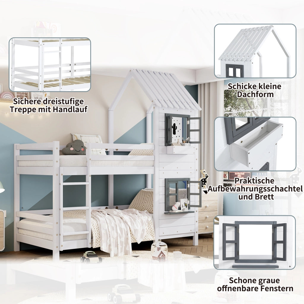 Letto a Castello 90x200 cm; 2 Posti - con Finestre; Sponda e Scalette - Bianco e Grigio