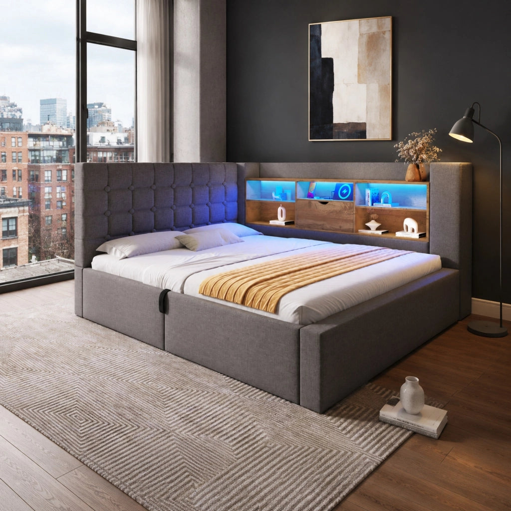 Letto matrimoniale 140x190 cm con LED, porte USB e contenitore idraulico, grigio