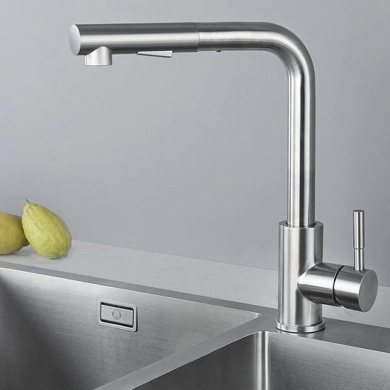 Kraan per cucina, estensibile, cucina con erogatore a getto, due tipi di getto d'acqua, rubinetto da lavabo con maniglia unica, ruota a 360°, miscelatore, cucina, acciaio inox lucidato