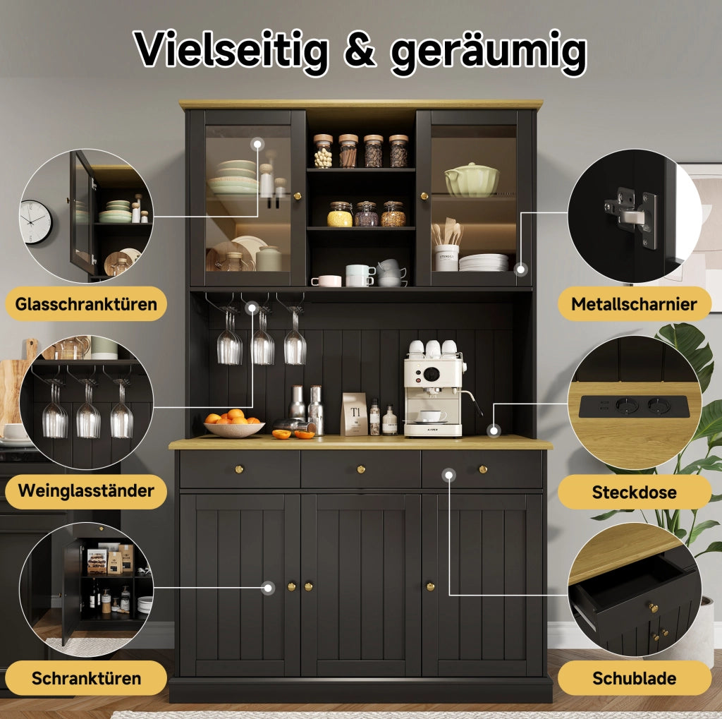 Credenza buffet alta con ante in vetro; cassetto e vano chiuso 120x40x191 cm; nero