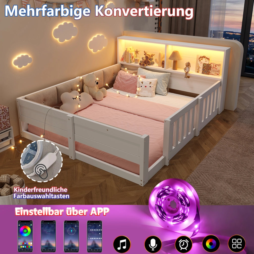 Letto per bambini 140 × 200 cm con barriera, testiera con ripiani, luci LED, senza materasso, bianco