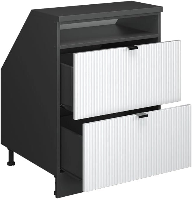 Mobile sottotetto Rion, Ondulazione bianca, 60 x 81.6 cm con 2 cassetti, carcassa 60 cm profondità, adatto per il salvaspazio sotto tetti spioventi