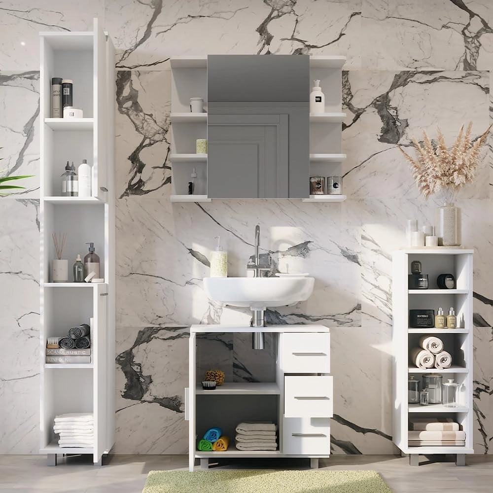 Set di mobili da bagno Ilias, Bianco, 60.2 cm, composto da mobile lavabo, pensile a specchio, colonna e base media