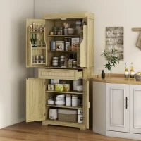Credenza Cucina Stile Boho con 2 Armadietti, Cassetto e Portaspezie in Legno e Rattan, 76x40x183cm, Rovere
