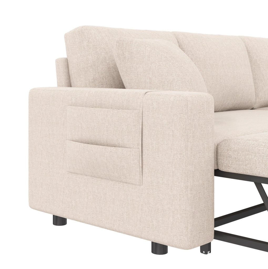 Divano letto angolare con chaise longue reversibile; contenitore e 2 cuscini; beige; 219;5 x 142;5 x 83 cm