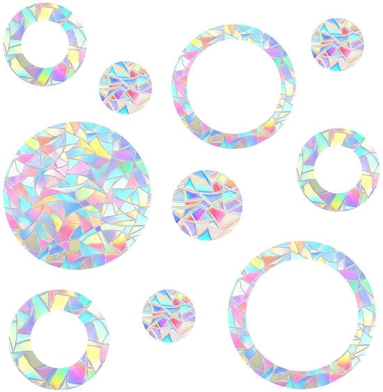 Decorazioni per Finestre 64 Pezzi - Foglia Prisma - Protezione Uccelli - Effetto Arcobaleno - Forme a Cerchio - Materiale PVC - 4-14 cm Di Diametro - Decorazioni per Finestre