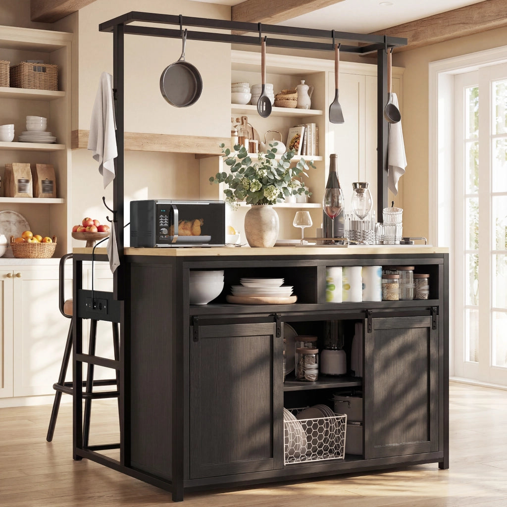 Set tavolo e sedie con isola cucina e 2 sgabelli, prese USB, MDF e metallo nero