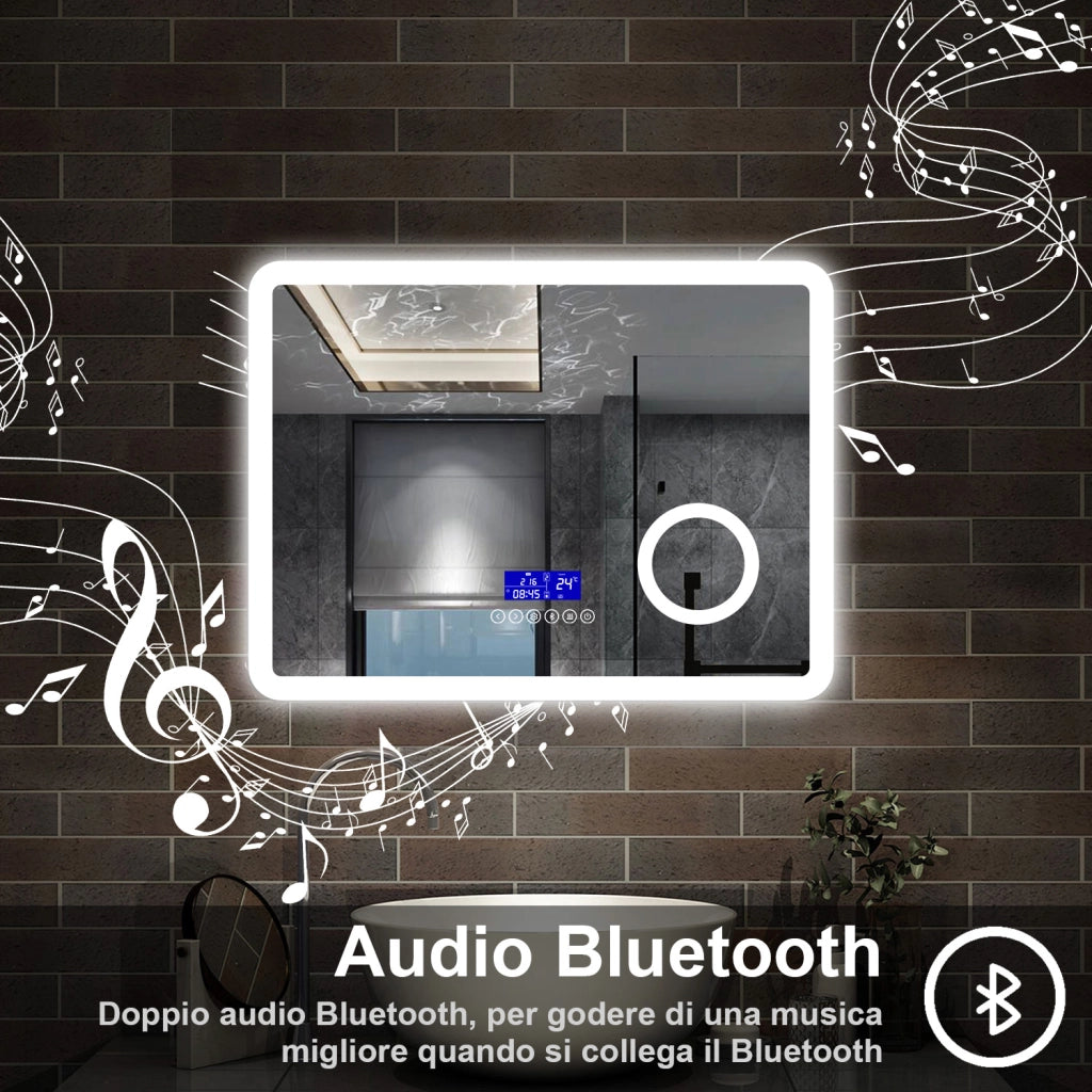 specchio rettangolare 80x60 cm con luce dimmerabile a 3 colori, bluetooth, antiappannamento e ingranditore 3x