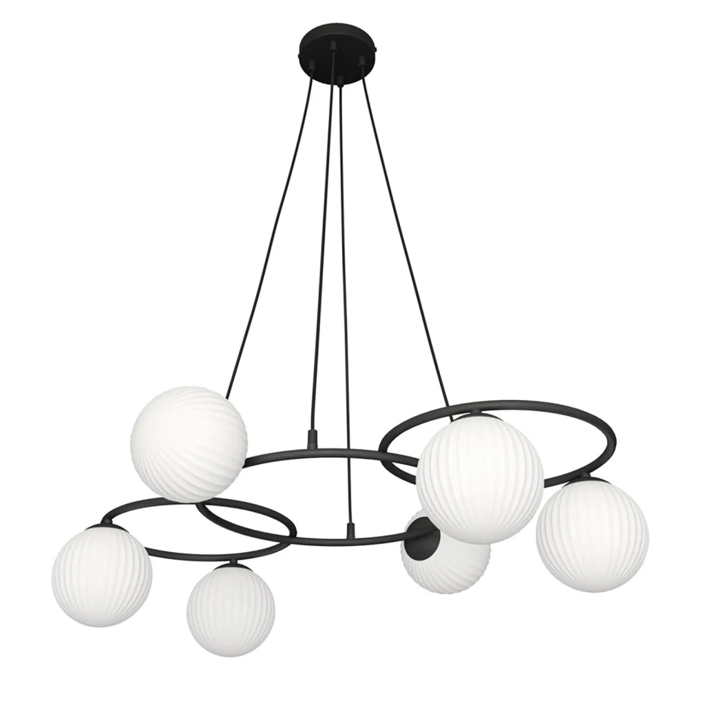 Lampadario 6 Luci Eolo A Cerchi E Diffusori In Vetro Rigato Opale