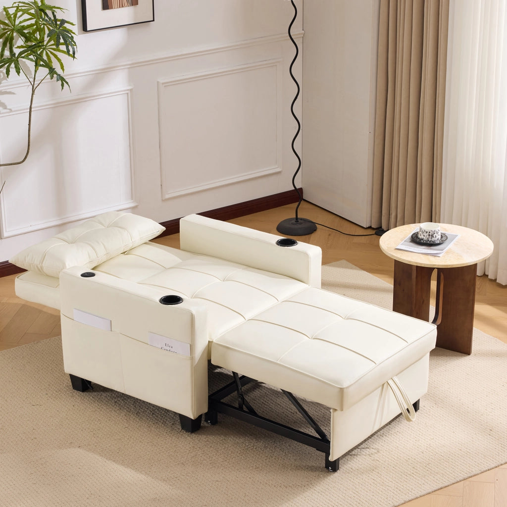 Divano letto singolo 3 in 1 con portabicchieri e tasca laterale in pelle PU bianca legno e metallo per piccoli spazi