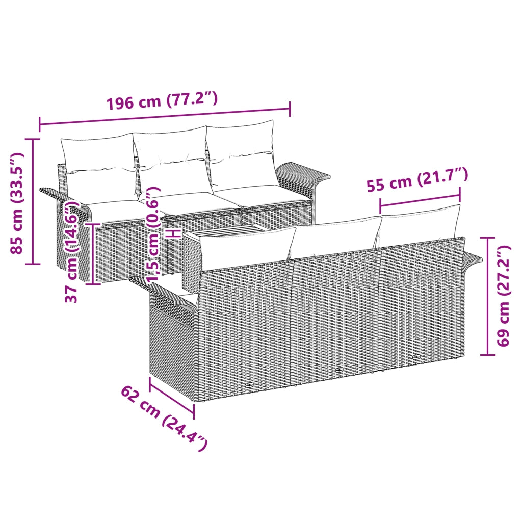 Set Divano Giardino 7 Pezzi con Cuscini Nero Polyrattan Acacia