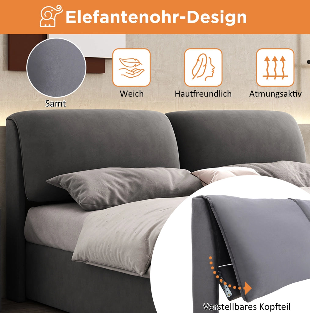Letto imbottito in velluto grigio 140 x 200 cm con contenitore e cassetti