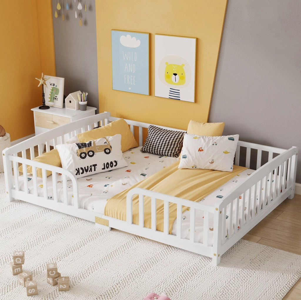 Letto a pavimento per bambini 140x200 cm con sponde di sicurezza bianco