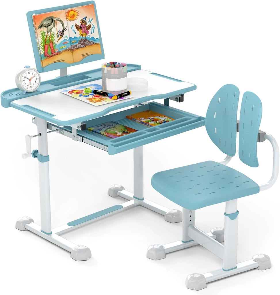 Set di Scrivania e Sedia per Bambini con Altezza Regolabile, Blu | Banco Scuola con Piano Inclinabile, Supporto per Libri, Barra Poggiapiedi e Sedia Ergonomica per Scuola, Ufficio e Cameretta