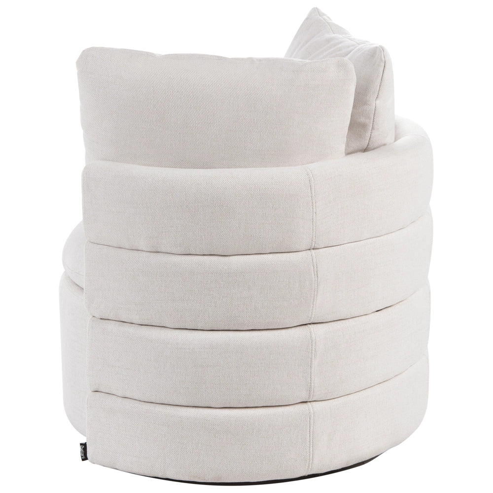 Poltrona in tessuto con schienale curvo base girevole a 360° con contenitore cuscini decorativi bianco sporco stile retrò angolo lettura
