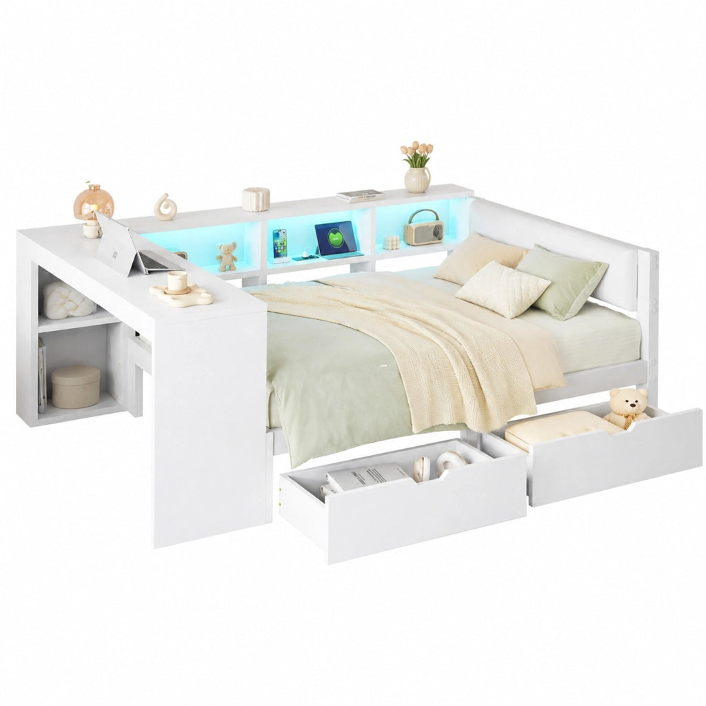 Letto a piattaforma 140x200 cm bianco con cassetti; ripiani; LED e ricarica USB