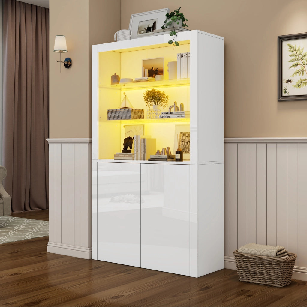 Vetrina LED 100x35x170 cm in MDF bianco con ripiani e vetro temperato