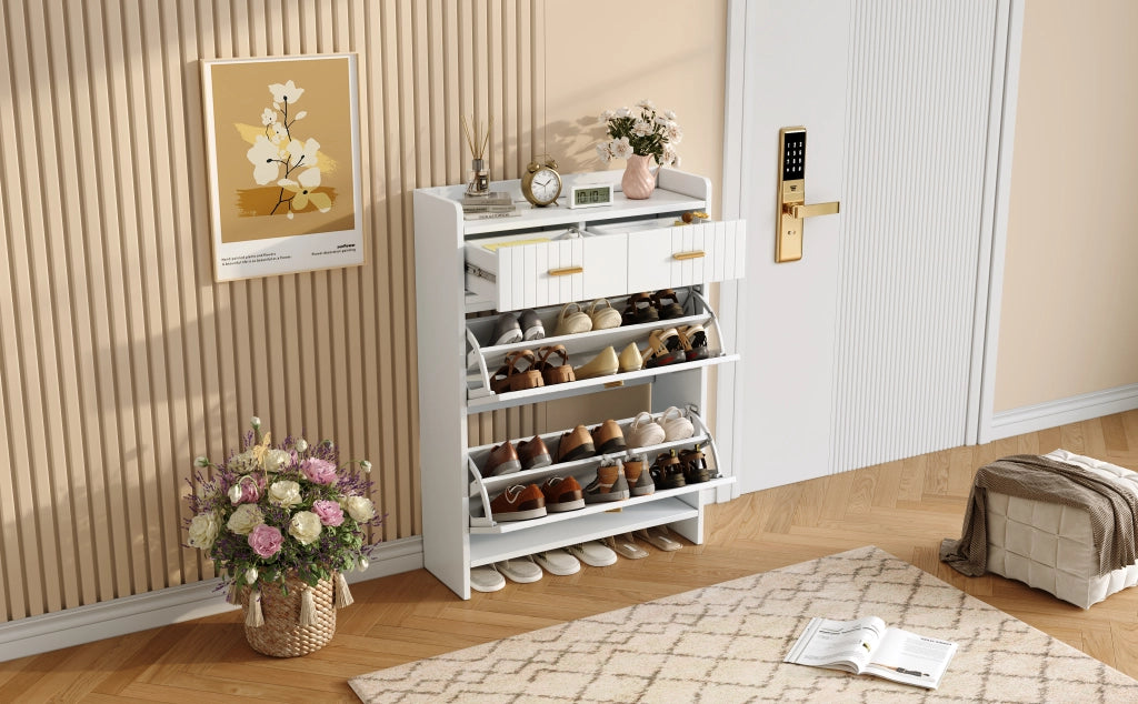 Scarpiera con 2 ante a ribalta, 1 cassetto e vano aperto, per ingresso, in truciolare, bianco, 75 × 24 × 108,5 cm