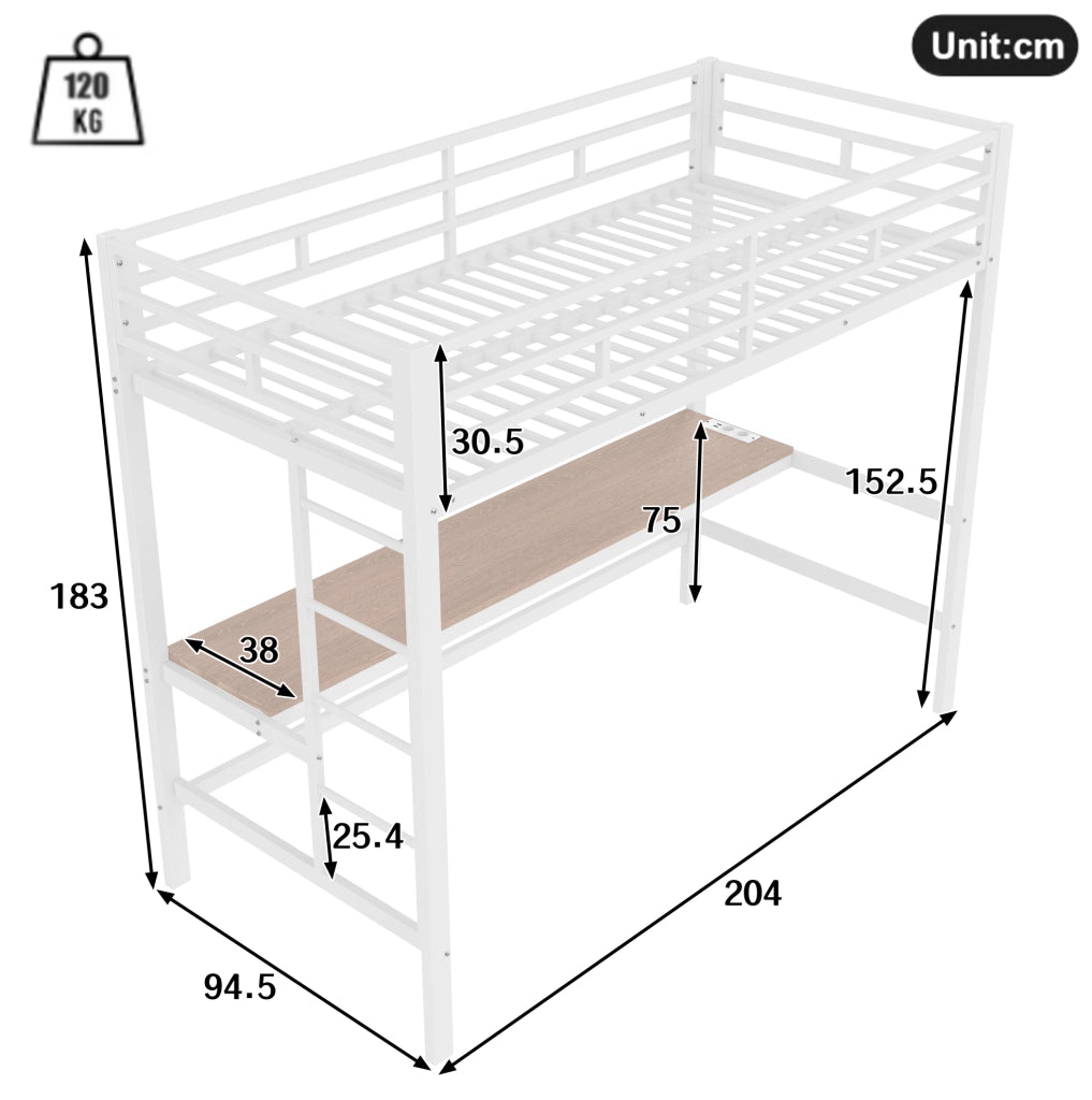 Letto a soppalco 90x200 cm con scrivania LED e prese, bianco