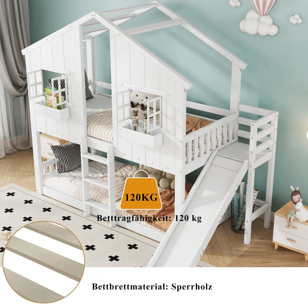 Letto a castello per bambini con scivolo e finestre 90x200 cm