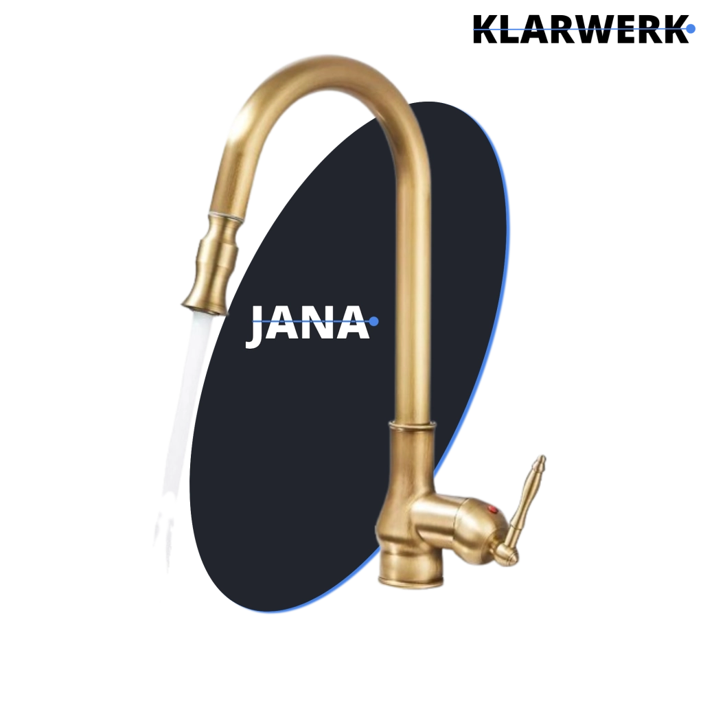JANA | Rubinetto da cucina estraibile vintage in acciaio inossidabile ottone antico| miscelatore arco alto  alta pressione ruotabile a 360° 2 attacchi