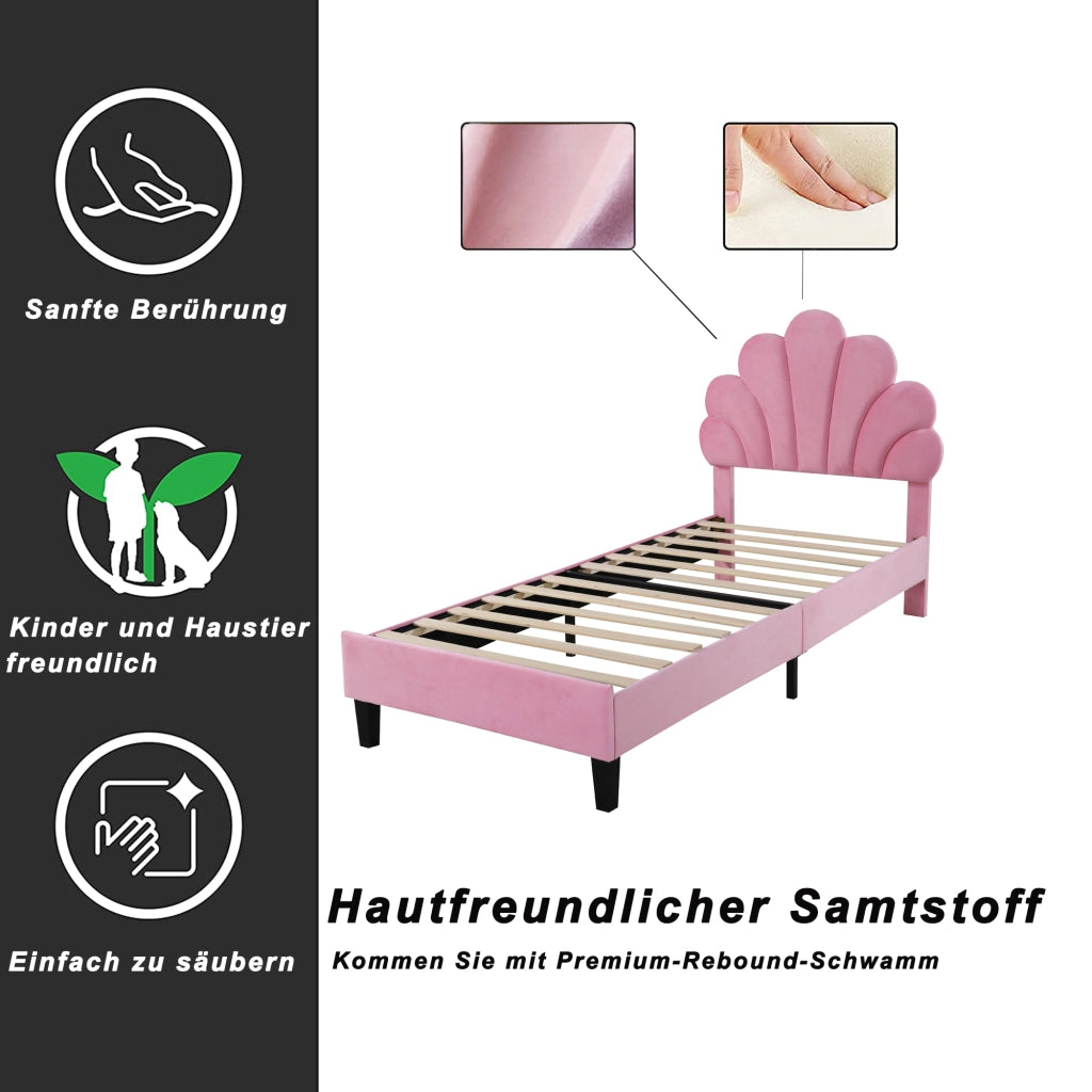 DESMIU Letto Singolo 1 Posto con Testiera Floreale, 90 × 200 cm, senza materasso, Imbottito, Rosa