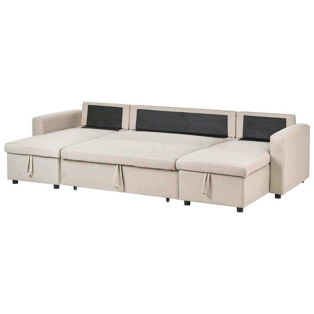 Divano letto ad angolo con rivestimento in tessuto beige a 5 posti a forma di U con contenitore