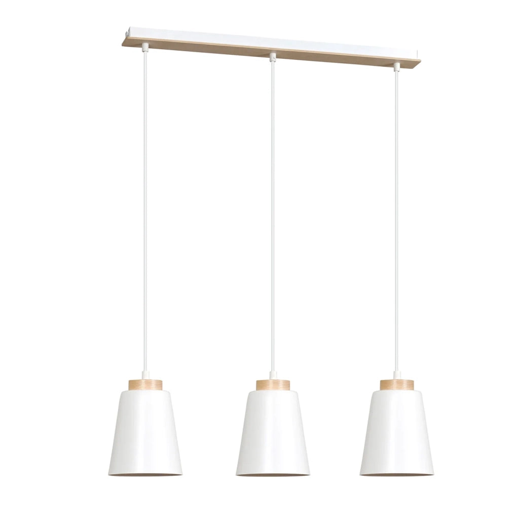 Lampadario 3 Luci Lancillotto Con Paralumi A Cono In Acciaio Bianco E Legno Naturale