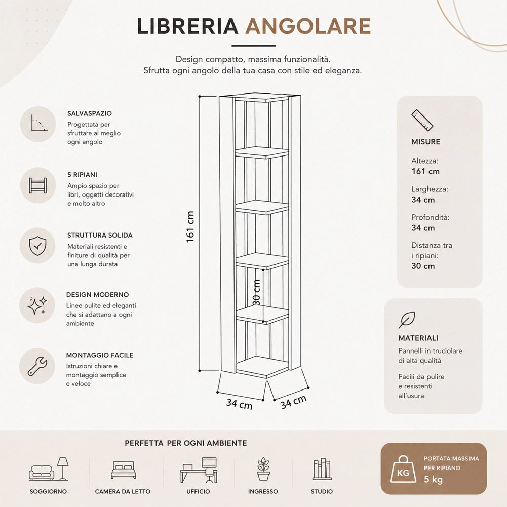 Libreria Angolare 34x34x161 cm Scaffale Salvaspazio 5 Ripiani in Legno Rovere