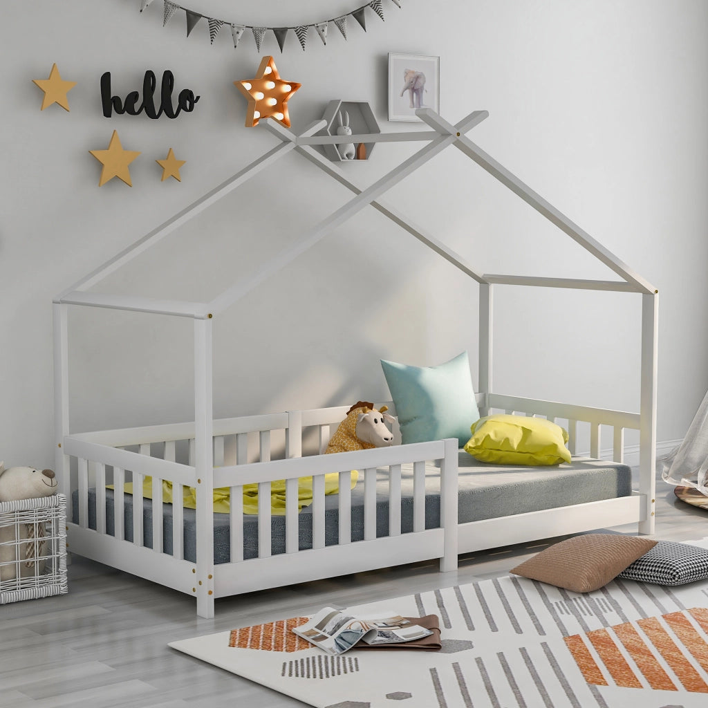 Letto Casetta per Bambini in Legno Massello con Doghe e Sponde ¨C MINIMAL ¨C Bianco 90x200