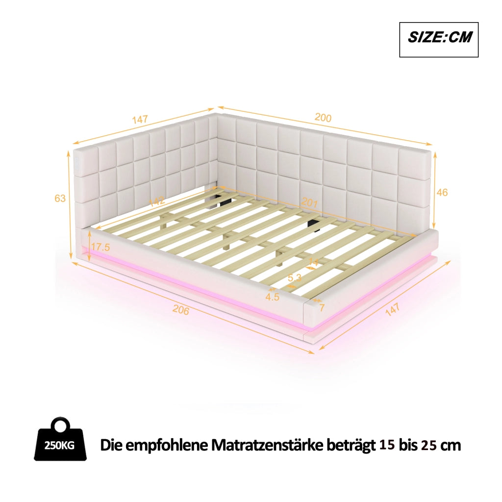 LETTO Divano letto 140x200 cm in lino beige con LED e porta USB
