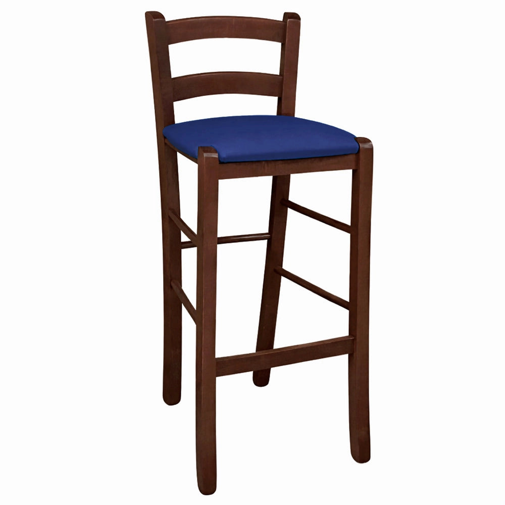 Sgabello in legno noce scuro h 67 cm con seduta imbottita in similpelle blu