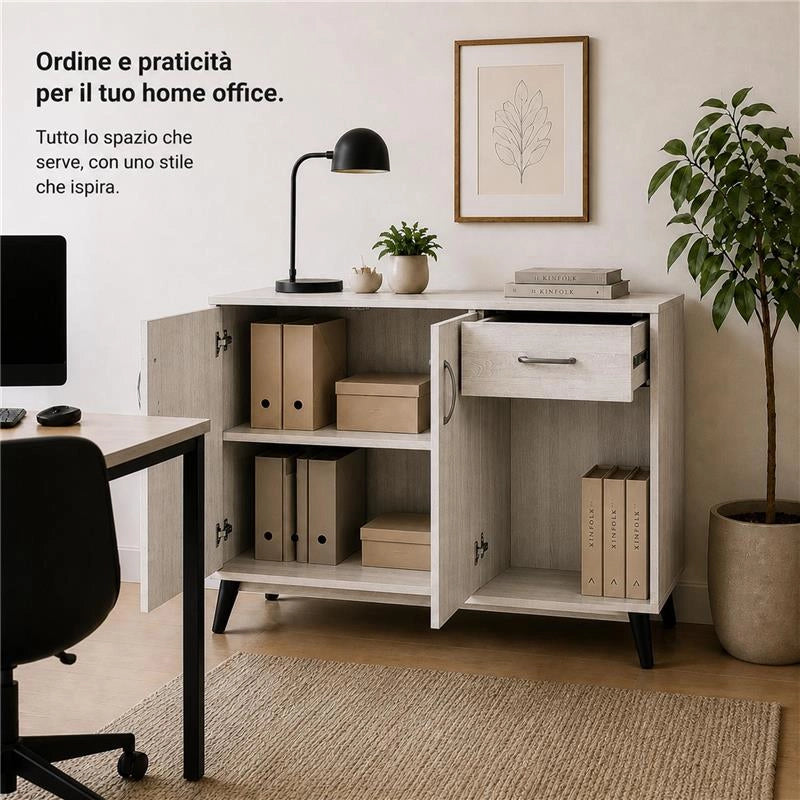MOBILE IN MDF COLOR BIANCO LEGNO CON DUE ANTE, RIPIANO E CASSETTO MISURE: 120X38X74CM